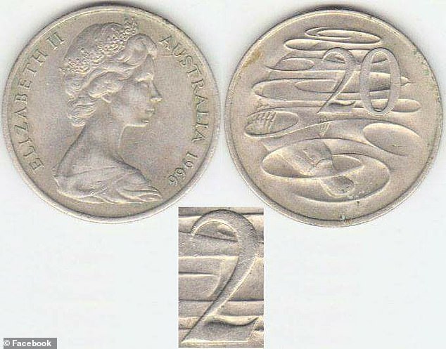 This rare 20c piece made in 1966 with a wavy baseline fault on the number '2' is worth up $2000. The bottom of the '2' is usually straight