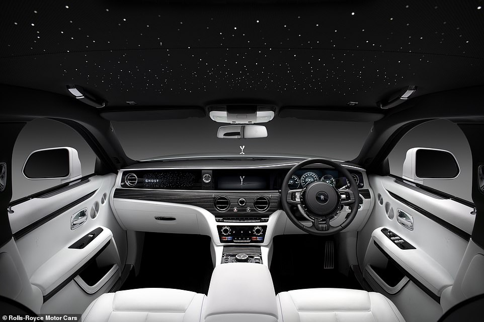 Rolls-Royce says the simple interior design rejects 'superficial embellishments' to create a more relaxing 'refuge' with the very finest leathers, woods and metals - the star headlining adds to the effect