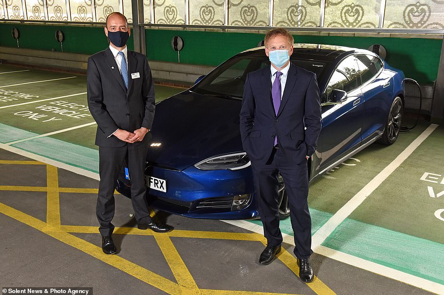 Transport Secretary Grant Shapps (right) with Tom Moran, Managing Director Thameslink and Great Northern during the opening of the rail's largest Electic Vehicle charging hub at Govia Thameslink Railway's Hatfield Station