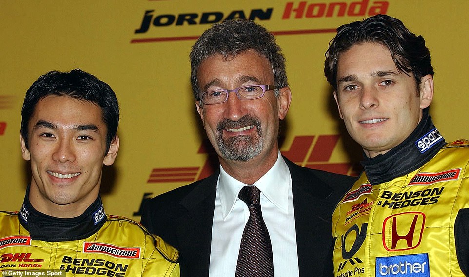 The car was used at the launch event for the 2002 Jordan Honda F1 team at Brussels Airport in Belgium where team owner Eddie Jordan (middle) unveiled his driver line-up for the season, Takuma Sato of Japan (left) and Giancarlo Fisichella of Italy (right)