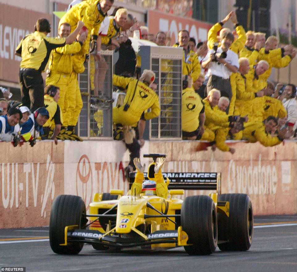 The car is one of five chassis built by the Jordan F1 team in the 2002 season and was piloted by Japanese driver, Takuma Sato. The racer finished fifth in the final race of his debut season at his home race at the Suzuka track (pictured celebrating)