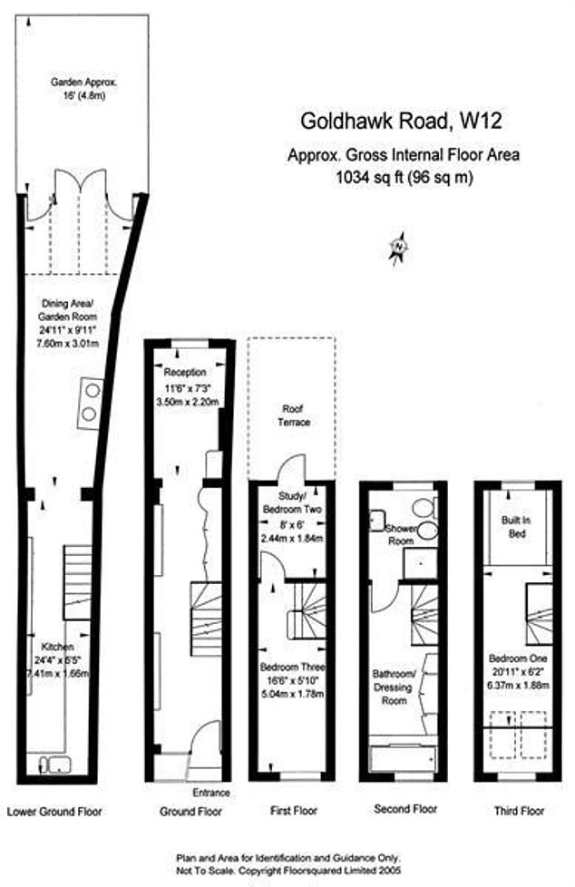 The floors are between 5ft 5in and 6ft 2in wide at the front, with some tapering out to a maximum 9ft 11in wide at the back, as this floor plan from a previous sale in 2009 shows