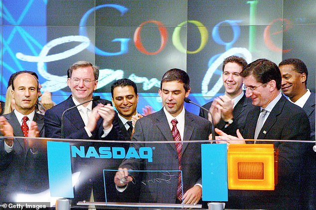 Launch: Google and Nasdaq executives including Google co-Founder Larry Page, (centre), at Google's Nasdaq stock listing in New York City in 2004