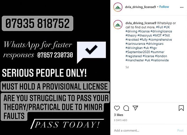 Budding drivers can find posts on Instagram claiming to be able to provide agency services at a fee. Clients are asked to contact vendors via WhatsApp to arrange payment, though are likely to fail to provide the product promised once the funds have been transferred