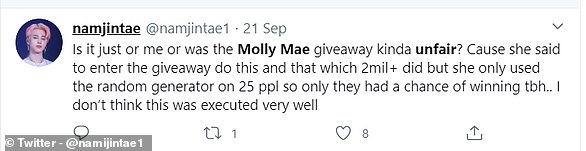 This Twitter user branded the giveaway unfair - blaming the random generator