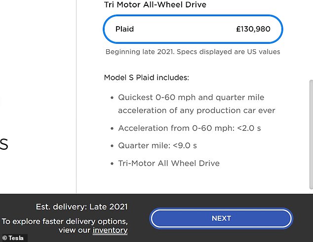 The Tesla site confirms the price of the tri-motor Model S and the estimated first deliveries arriving in late 2021