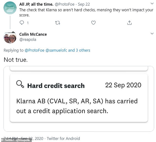 Shoppers on Twitter reported that hard credit checks from Klarna had showed up on their credit file. Some even said they had been checked multiple times