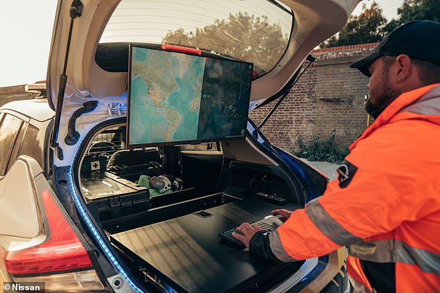 Once driven to a disaster zone, a bespoke pull-out desk extends from the boot with a 32-inch LED screen and dedicated power supply creating an operational hub to run communications from and manage the recovery process