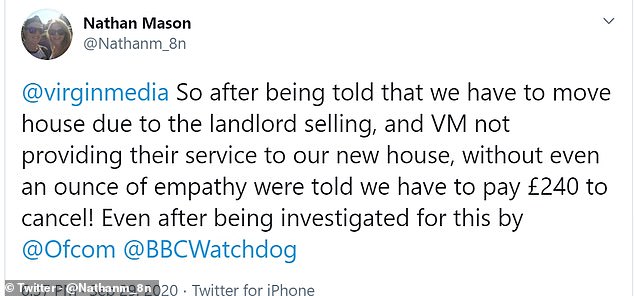 This user said they were charged £240 for cancelling their contract with Virgin Media