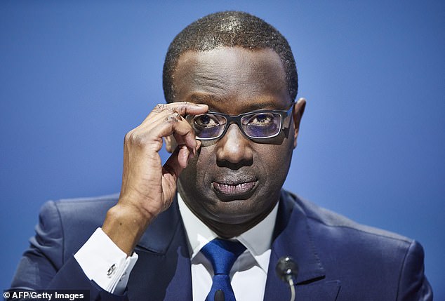 Racism storm: Credit Suisse's then-boss Tidjane Thiam (pictured) left chairman Urs Rohner's 60th birthday in disgust after it featured a black entertainer dressed as a cleaner