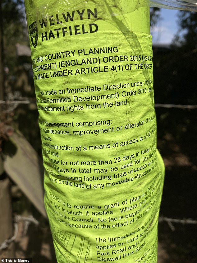 A warning notice on the land at Digswell from the local council highlights the Article 4 status
