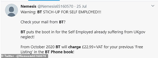 This Twitter user said as someone who is self-employed, he was also charged by BT