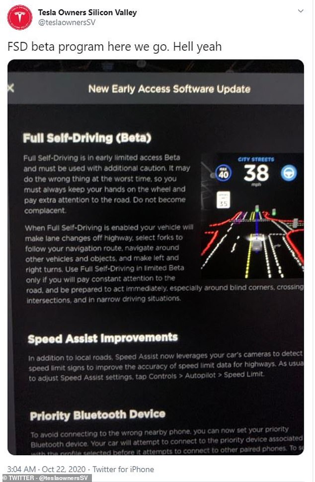 Tesla Owners Silicon Valley tweeted this image of the FSD update that appears on screen